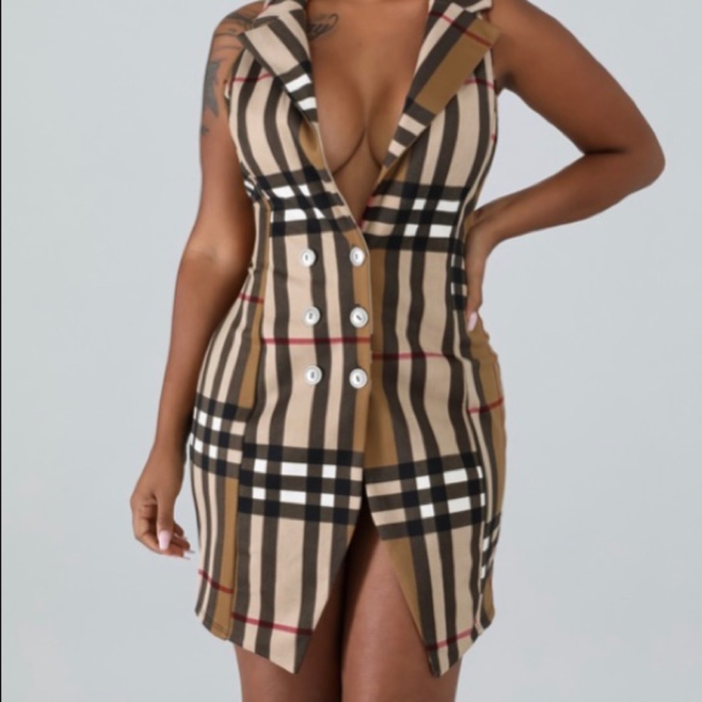 Plaid dress/vest with a black bucket hat